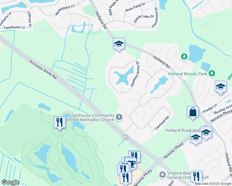 map of restaurants, bars, coffee shops, grocery stores, and more near 2724 Pleasant Acres Drive in Virginia Beach