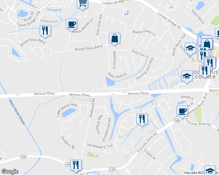 map of restaurants, bars, coffee shops, grocery stores, and more near 2580 Hunters Run Trail in Virginia Beach