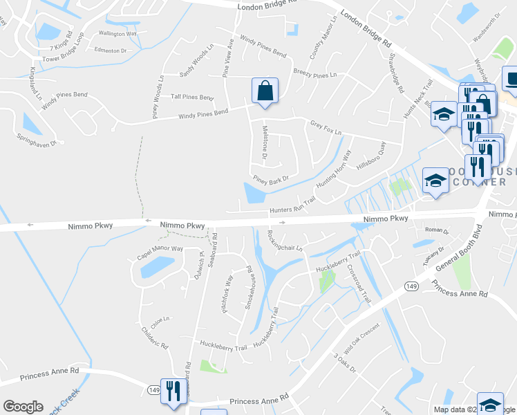 map of restaurants, bars, coffee shops, grocery stores, and more near 2576 Hunters Run Trail in Virginia Beach