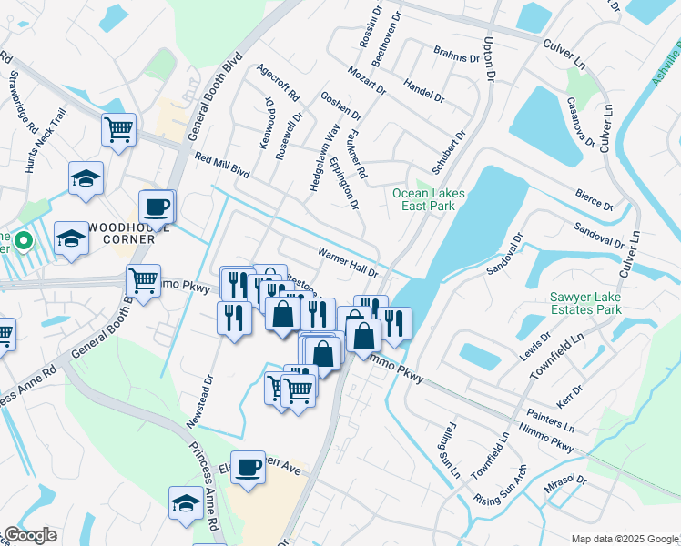 map of restaurants, bars, coffee shops, grocery stores, and more near 2208 Spring Run Court in Virginia Beach
