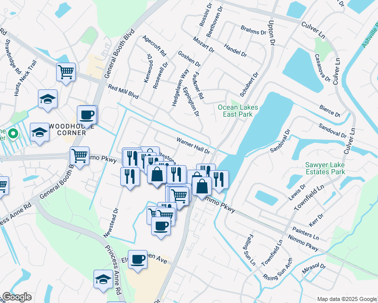 map of restaurants, bars, coffee shops, grocery stores, and more near 2208 Spring Run Court in Virginia Beach