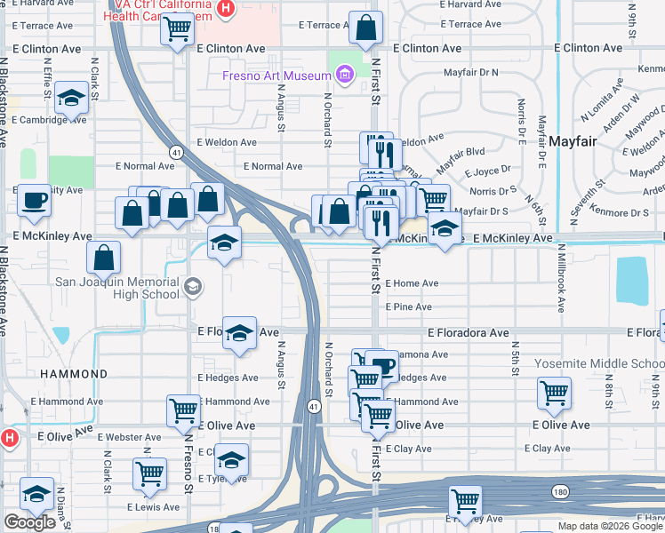 map of restaurants, bars, coffee shops, grocery stores, and more near 2995 East Home Avenue in Fresno