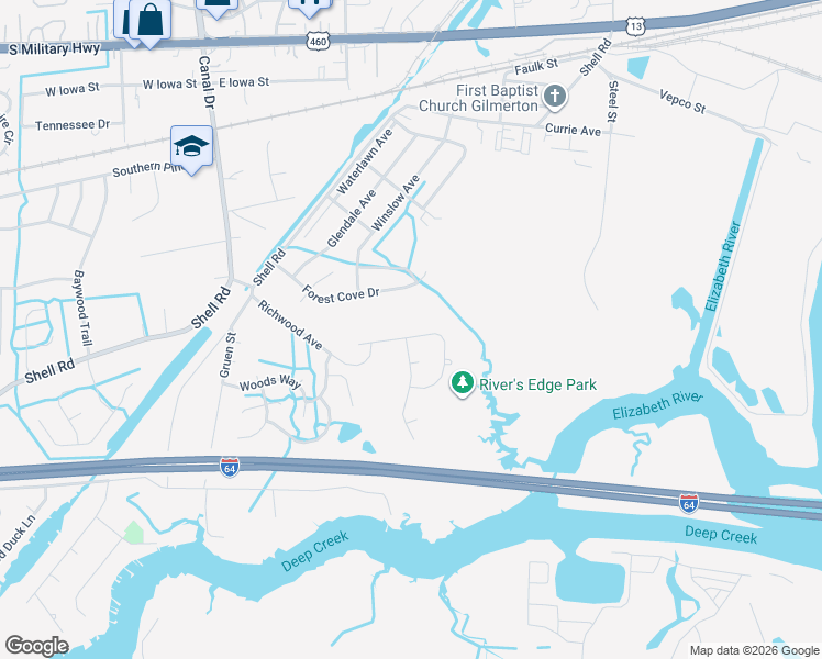 map of restaurants, bars, coffee shops, grocery stores, and more near 1441 Rivers Edge Trce in Chesapeake