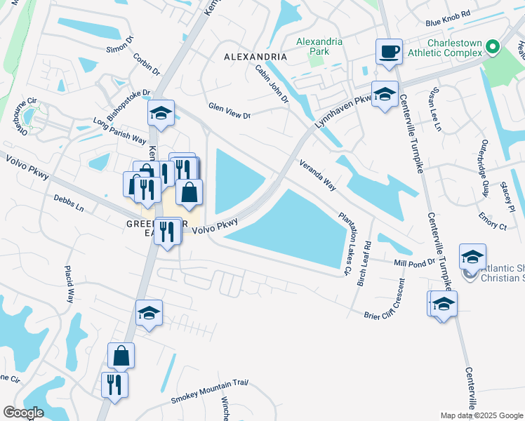 map of restaurants, bars, coffee shops, grocery stores, and more near 1821 Volvo Parkway in Chesapeake