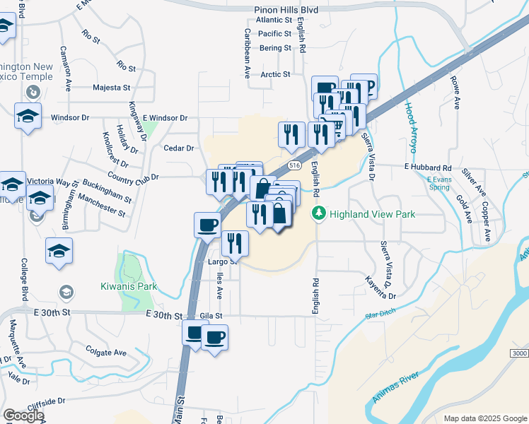 map of restaurants, bars, coffee shops, grocery stores, and more near 4601 East Main Street in Farmington