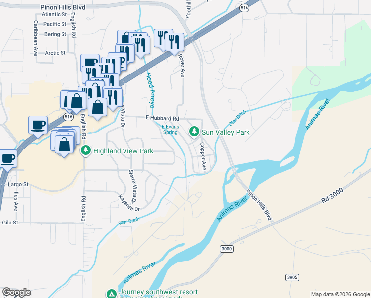 map of restaurants, bars, coffee shops, grocery stores, and more near 3801 Gold Avenue in Farmington