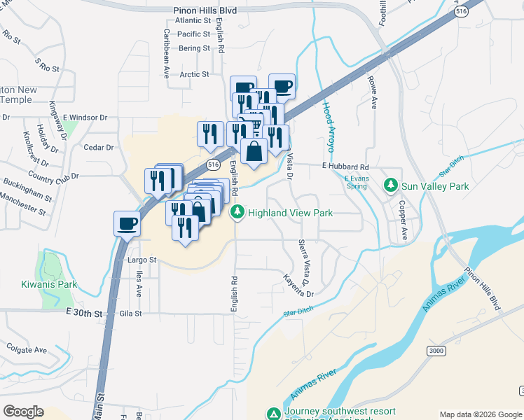map of restaurants, bars, coffee shops, grocery stores, and more near 3801-3803 Highland View Drive in Farmington