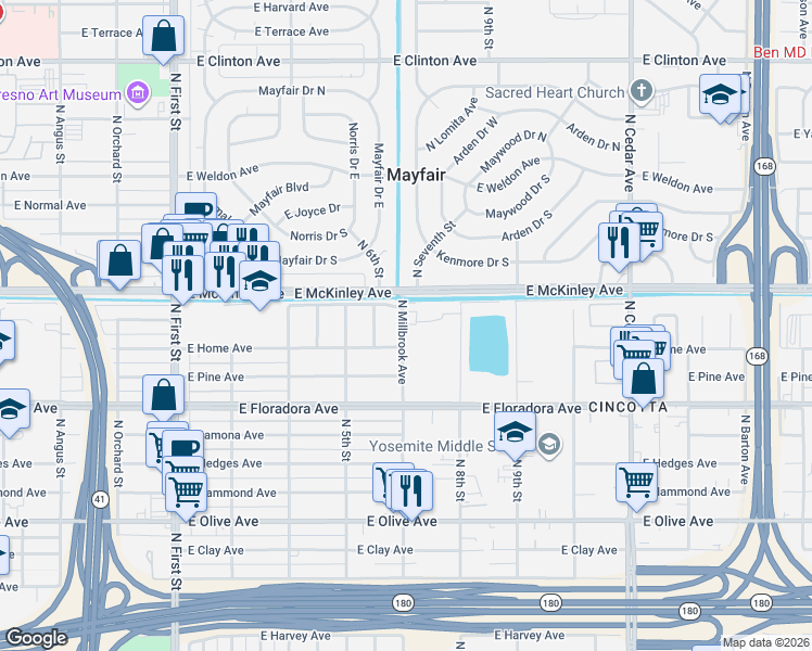 map of restaurants, bars, coffee shops, grocery stores, and more near 1502 North 7th Street in Fresno