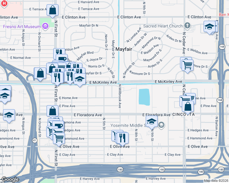 map of restaurants, bars, coffee shops, grocery stores, and more near 3605 East Home Avenue in Fresno
