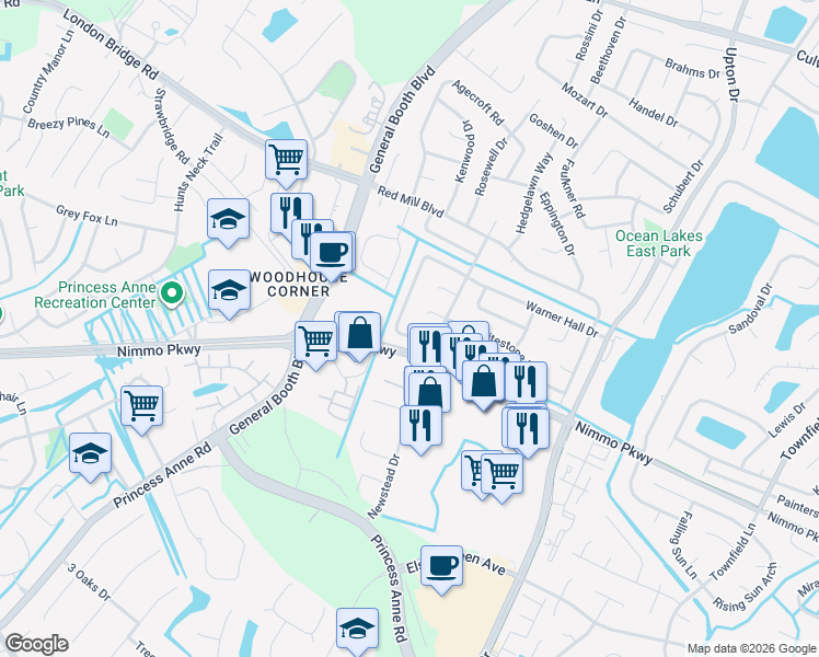 map of restaurants, bars, coffee shops, grocery stores, and more near 1296 Warner Hall Road in Virginia Beach