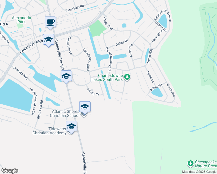 map of restaurants, bars, coffee shops, grocery stores, and more near 1077 Daniel Maloney Drive in Virginia Beach