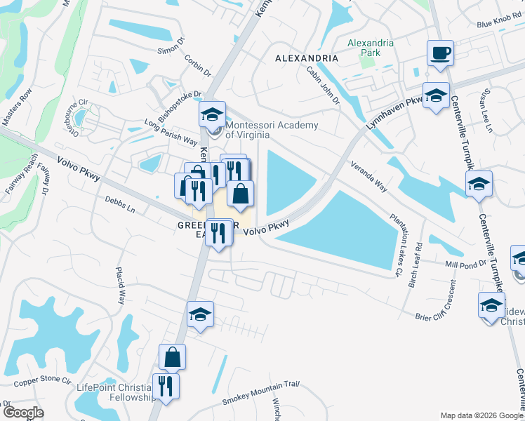 map of restaurants, bars, coffee shops, grocery stores, and more near 1714 Volvo Pkwy Service Road in Chesapeake