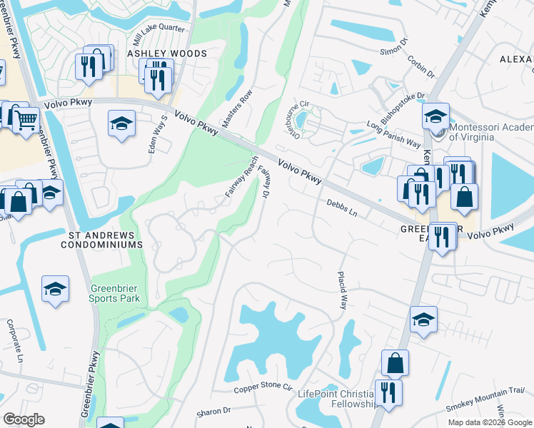 map of restaurants, bars, coffee shops, grocery stores, and more near 1304 Cambridge Way in Chesapeake