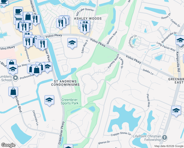 map of restaurants, bars, coffee shops, grocery stores, and more near 800 Shoal Creek Trail in Chesapeake