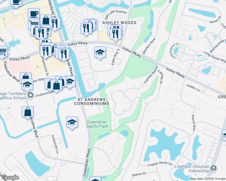 map of restaurants, bars, coffee shops, grocery stores, and more near 869 Shoal Creek Trail in Chesapeake