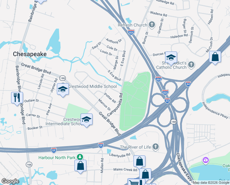 map of restaurants, bars, coffee shops, grocery stores, and more near 1044 Campostella Road in Chesapeake