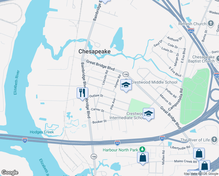 map of restaurants, bars, coffee shops, grocery stores, and more near 211 Grant Street in Chesapeake