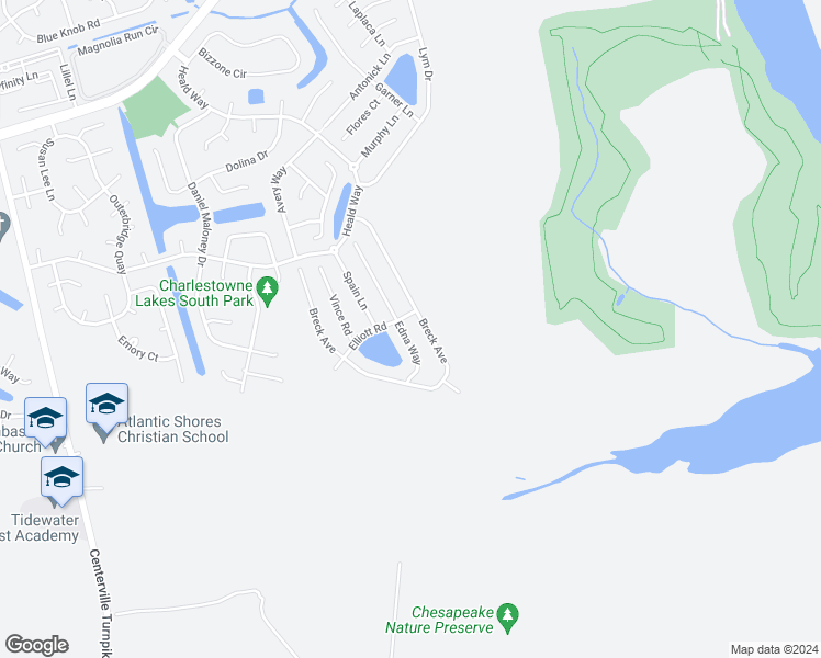 map of restaurants, bars, coffee shops, grocery stores, and more near 1964 Edna Way in Virginia Beach