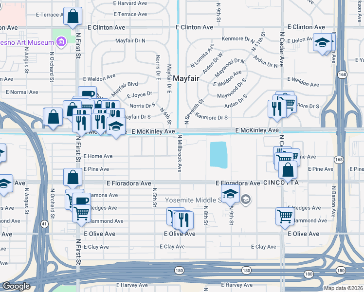 map of restaurants, bars, coffee shops, grocery stores, and more near 1502 North 7th Street in Fresno