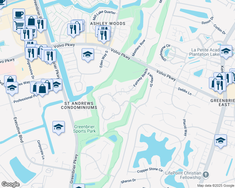 map of restaurants, bars, coffee shops, grocery stores, and more near 1309 Quail Creek Hollow in Chesapeake