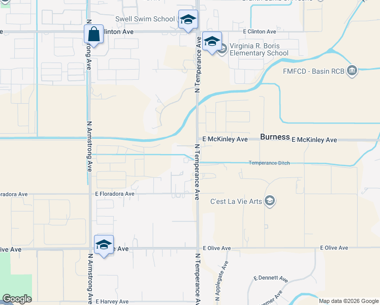 map of restaurants, bars, coffee shops, grocery stores, and more near 1878 North Temperance Avenue in Fresno