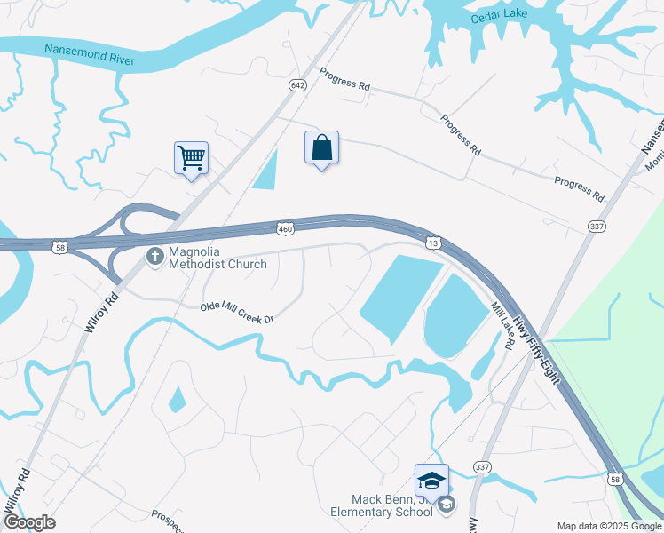 map of restaurants, bars, coffee shops, grocery stores, and more near 1699 Mill Oak Court in Suffolk