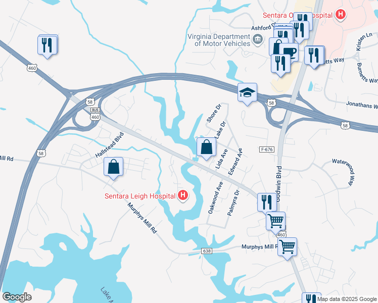map of restaurants, bars, coffee shops, grocery stores, and more near 2500 Pruden Boulevard in Suffolk
