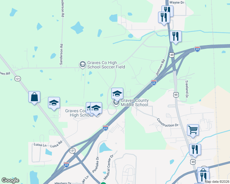 map of restaurants, bars, coffee shops, grocery stores, and more near 625 Jimtown Road in Mayfield