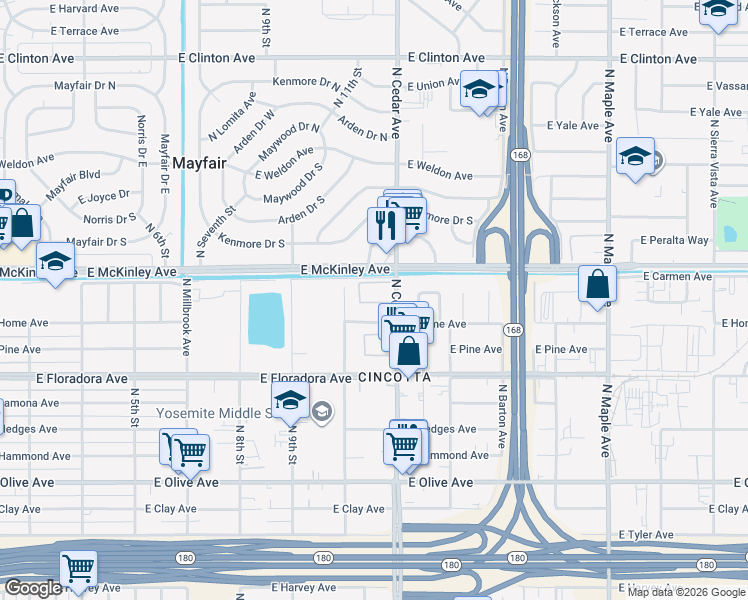 map of restaurants, bars, coffee shops, grocery stores, and more near 1535 North Cedar Avenue in Fresno