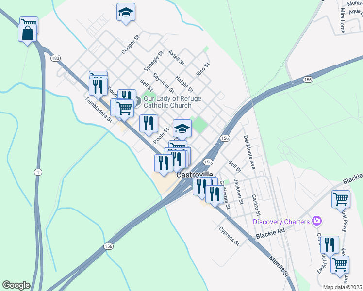 map of restaurants, bars, coffee shops, grocery stores, and more near 11161 Merritt Street in Castroville