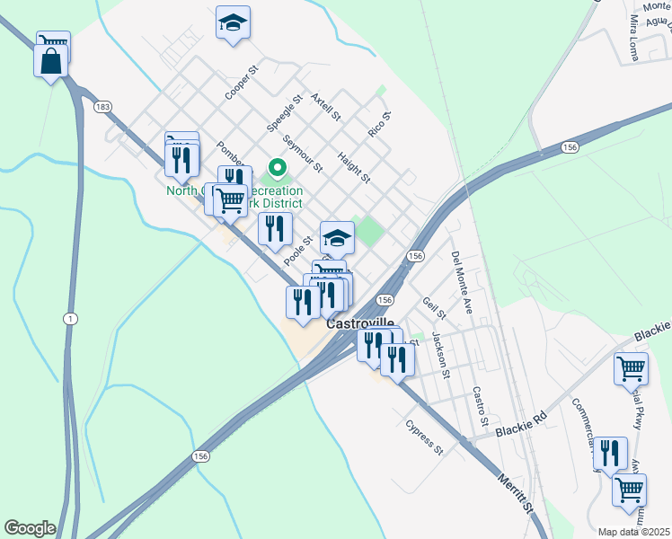 map of restaurants, bars, coffee shops, grocery stores, and more near 11161 Merritt Street in Castroville