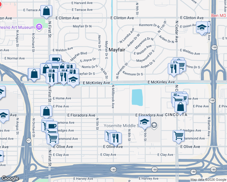 map of restaurants, bars, coffee shops, grocery stores, and more near 1502 North 7th Street in Fresno