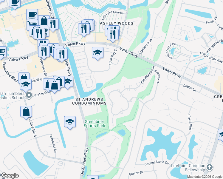 map of restaurants, bars, coffee shops, grocery stores, and more near 841 Shoal Creek Trail in Chesapeake