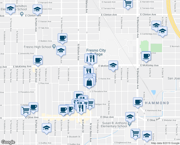 map of restaurants, bars, coffee shops, grocery stores, and more near 1545 North Van Ness Avenue in Fresno