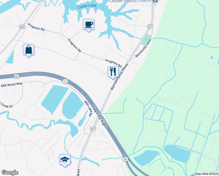 map of restaurants, bars, coffee shops, grocery stores, and more near 1645 Nansemond Parkway in Suffolk