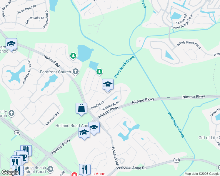 map of restaurants, bars, coffee shops, grocery stores, and more near 1737 Prodan Lane in Virginia Beach