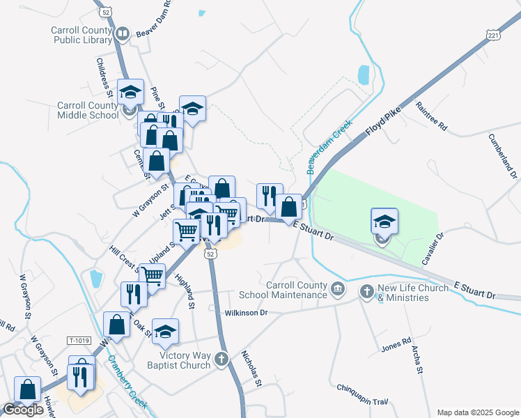 map of restaurants, bars, coffee shops, grocery stores, and more near 221 E Grayson St in Hillsville