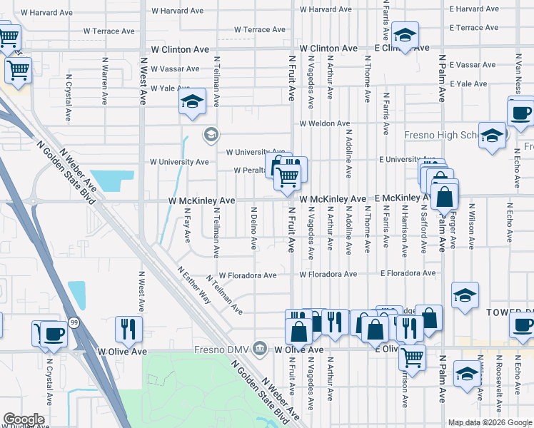 map of restaurants, bars, coffee shops, grocery stores, and more near 1559 North Carruth Avenue in Fresno
