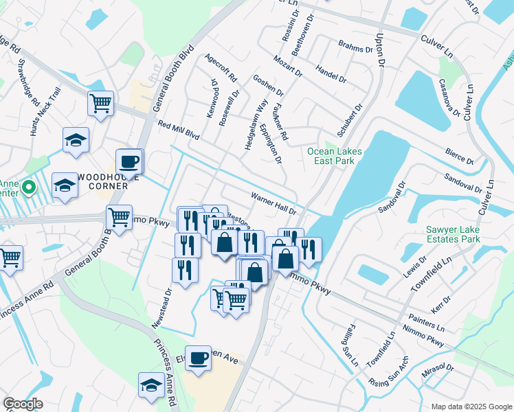 map of restaurants, bars, coffee shops, grocery stores, and more near 2204 Roaring Springs Drive in Virginia Beach