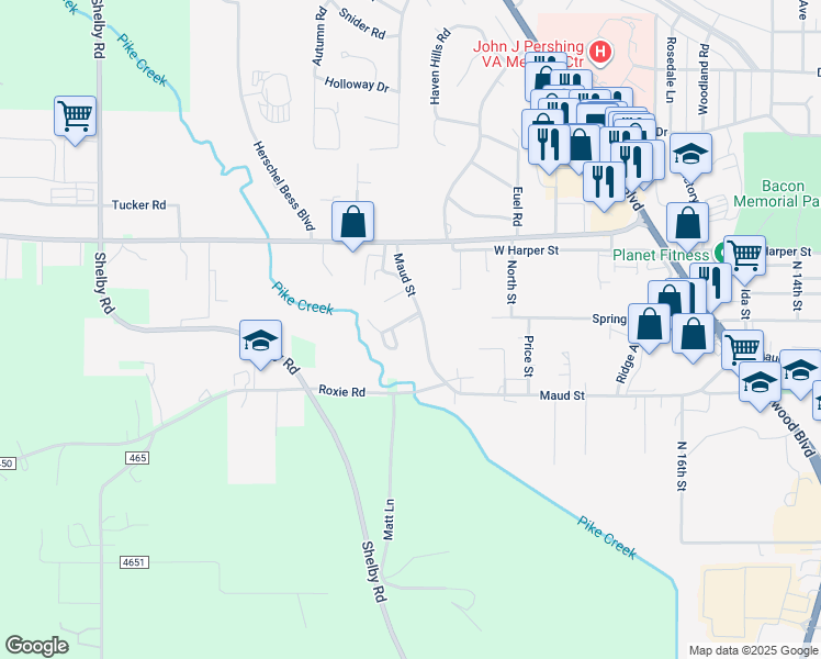 map of restaurants, bars, coffee shops, grocery stores, and more near 2050 Maud Street in Poplar Bluff