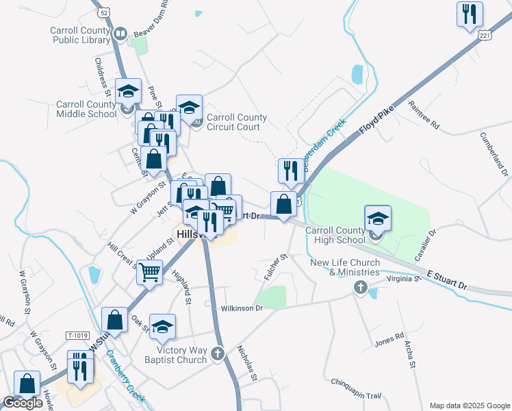 map of restaurants, bars, coffee shops, grocery stores, and more near 221 East Grayson Street in Hillsville