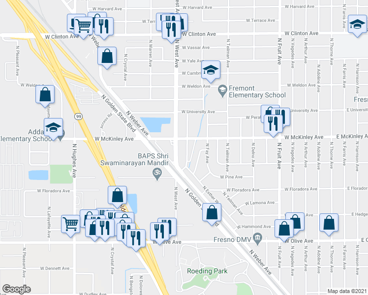 map of restaurants, bars, coffee shops, grocery stores, and more near 1525 North Brooks Avenue in Fresno