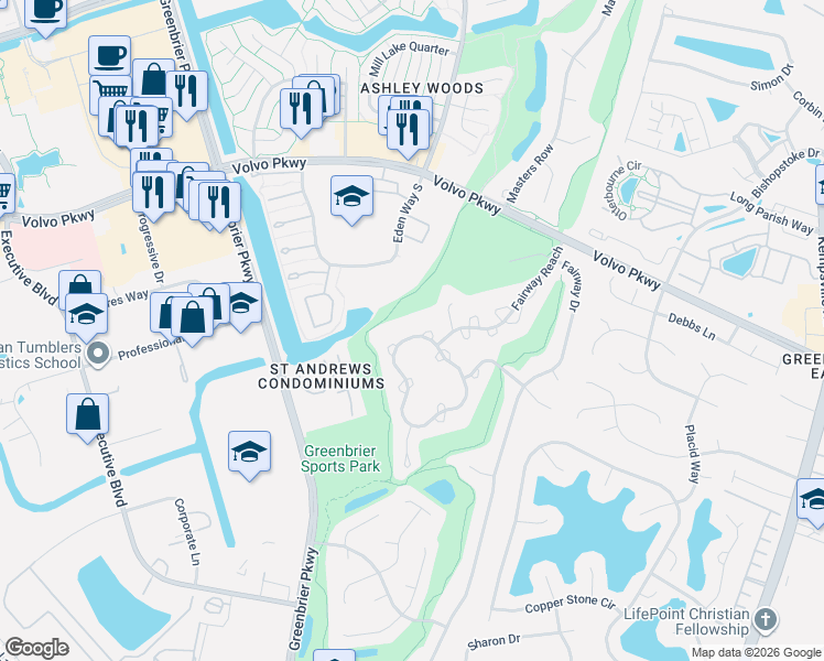 map of restaurants, bars, coffee shops, grocery stores, and more near 800 Shoal Creek Trail in Chesapeake