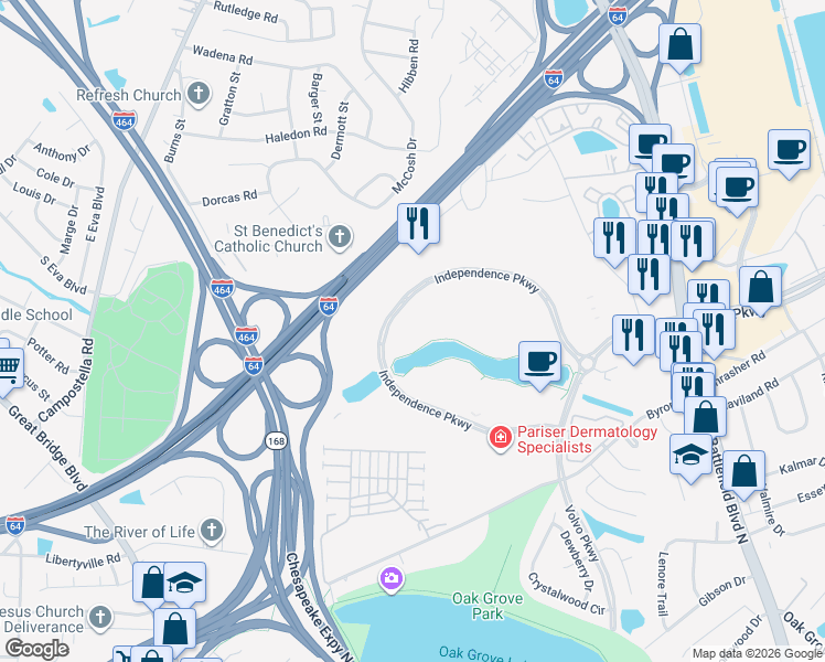 map of restaurants, bars, coffee shops, grocery stores, and more near Battlefield Corporate Center Trail in Chesapeake