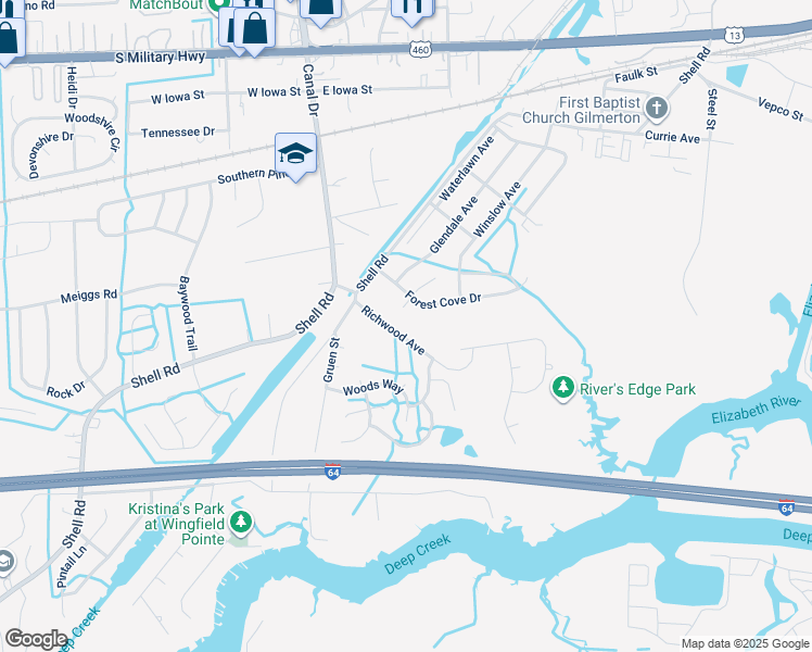map of restaurants, bars, coffee shops, grocery stores, and more near 1240 Richwood Avenue in Chesapeake