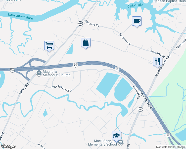 map of restaurants, bars, coffee shops, grocery stores, and more near 1754 Mill Wood Way in Suffolk