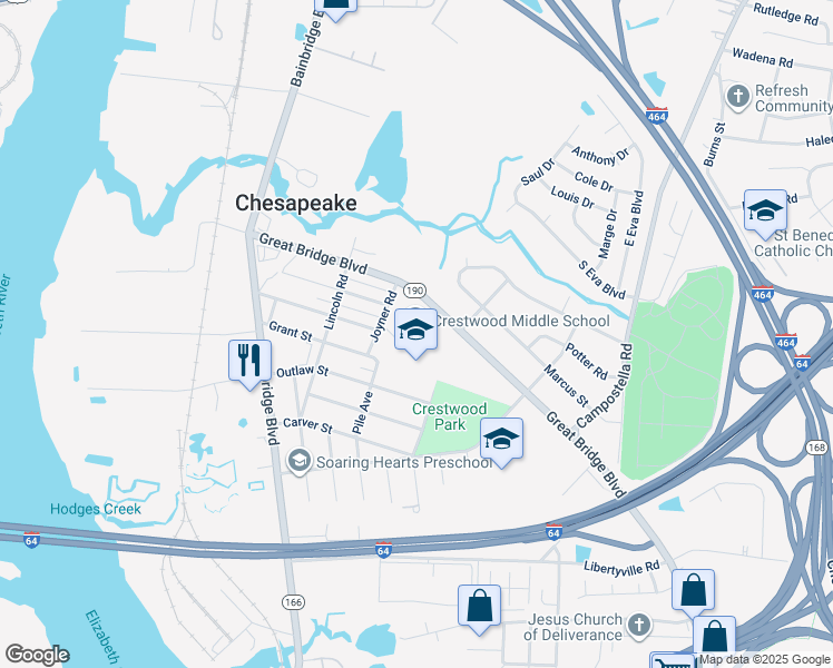 map of restaurants, bars, coffee shops, grocery stores, and more near 1420 Great Bridge Boulevard in Chesapeake