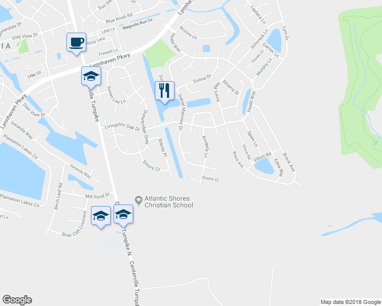 map of restaurants, bars, coffee shops, grocery stores, and more near Clayton Court in Virginia Beach