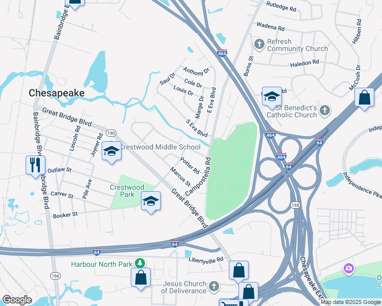 map of restaurants, bars, coffee shops, grocery stores, and more near 705 River Creek Road in Chesapeake