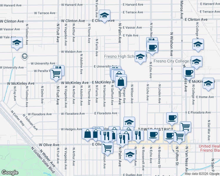 map of restaurants, bars, coffee shops, grocery stores, and more near 1569 North Safford Avenue in Fresno